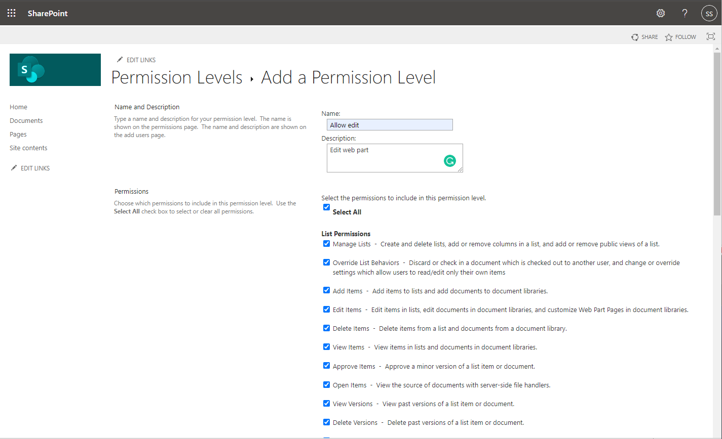 Add Permission level