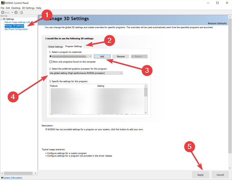 Porgram Settings tab -how to use dedicated graphics card instead of integrated