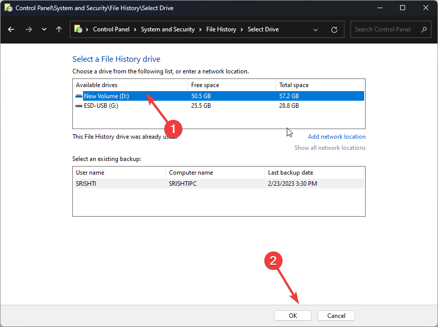 Select Drive file history doesn't recognize this drive windows 11