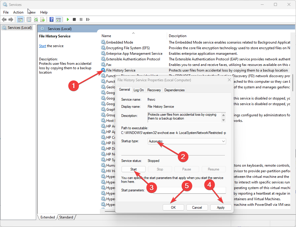 Services start -file history doesn't recognize this drive