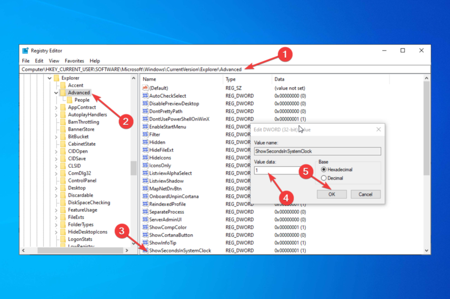 Shows seconds in system clock on Windows 10