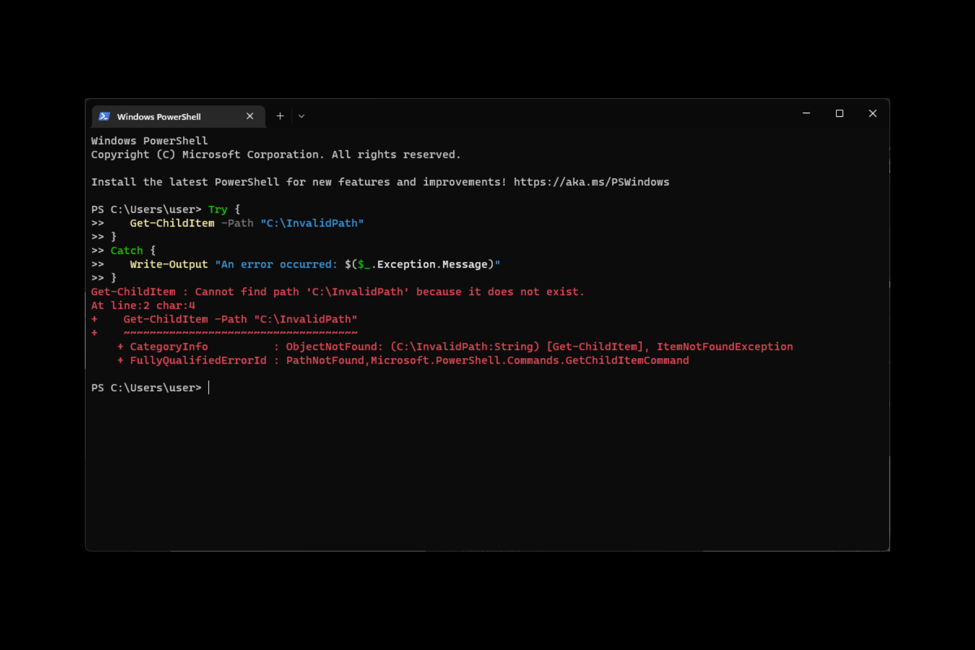 Try catch powershell not working