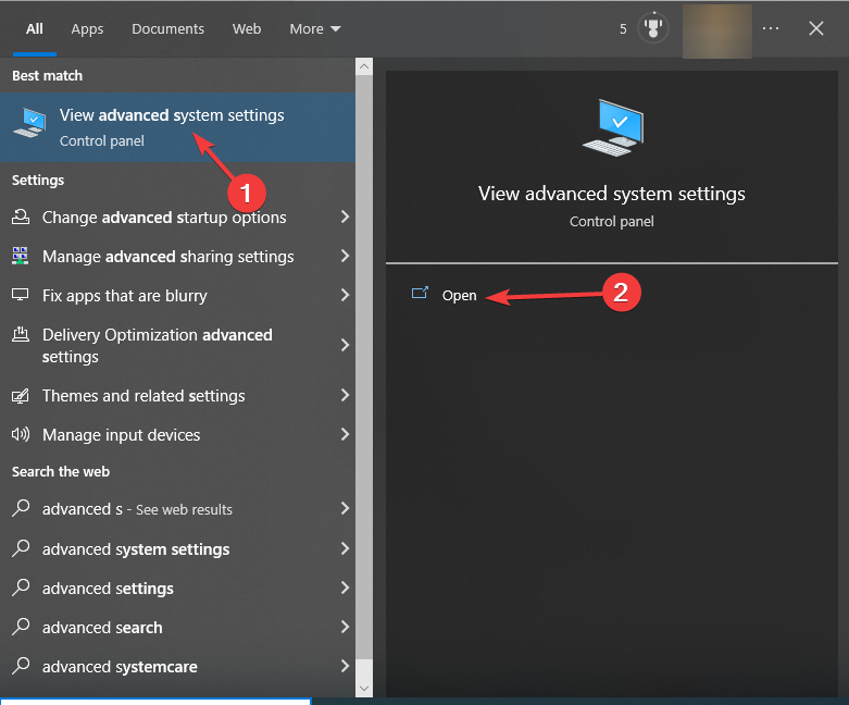 search bar advanded system settings on Windows 10