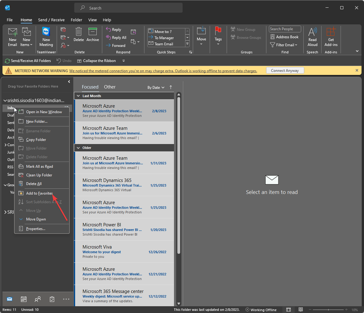 Add to FAVORITES 1 Inbox button not working on Outlook