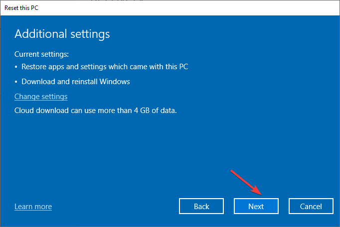 Additional Settings Next Windows 10 Reset PC