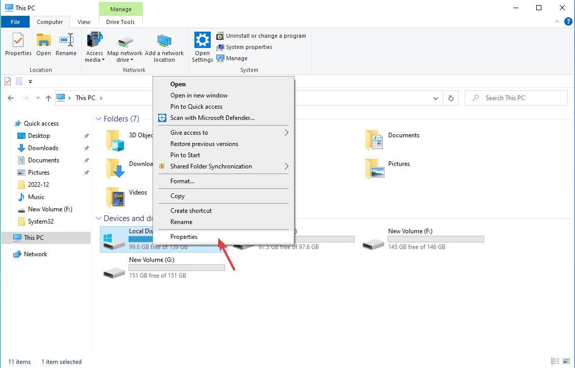 Properties Local Disk ssd not showing up