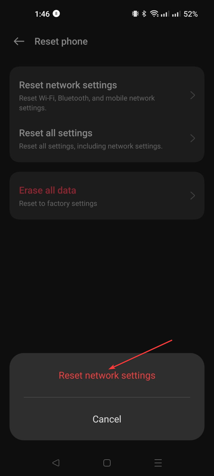 Reset network confirmation message