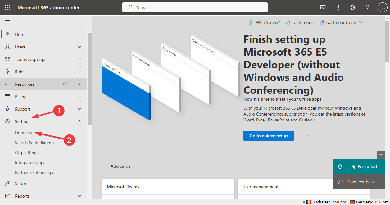 Settings Microsoft Admin Center