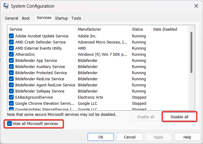 hide all and disable all services