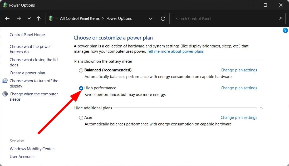 high performance power options