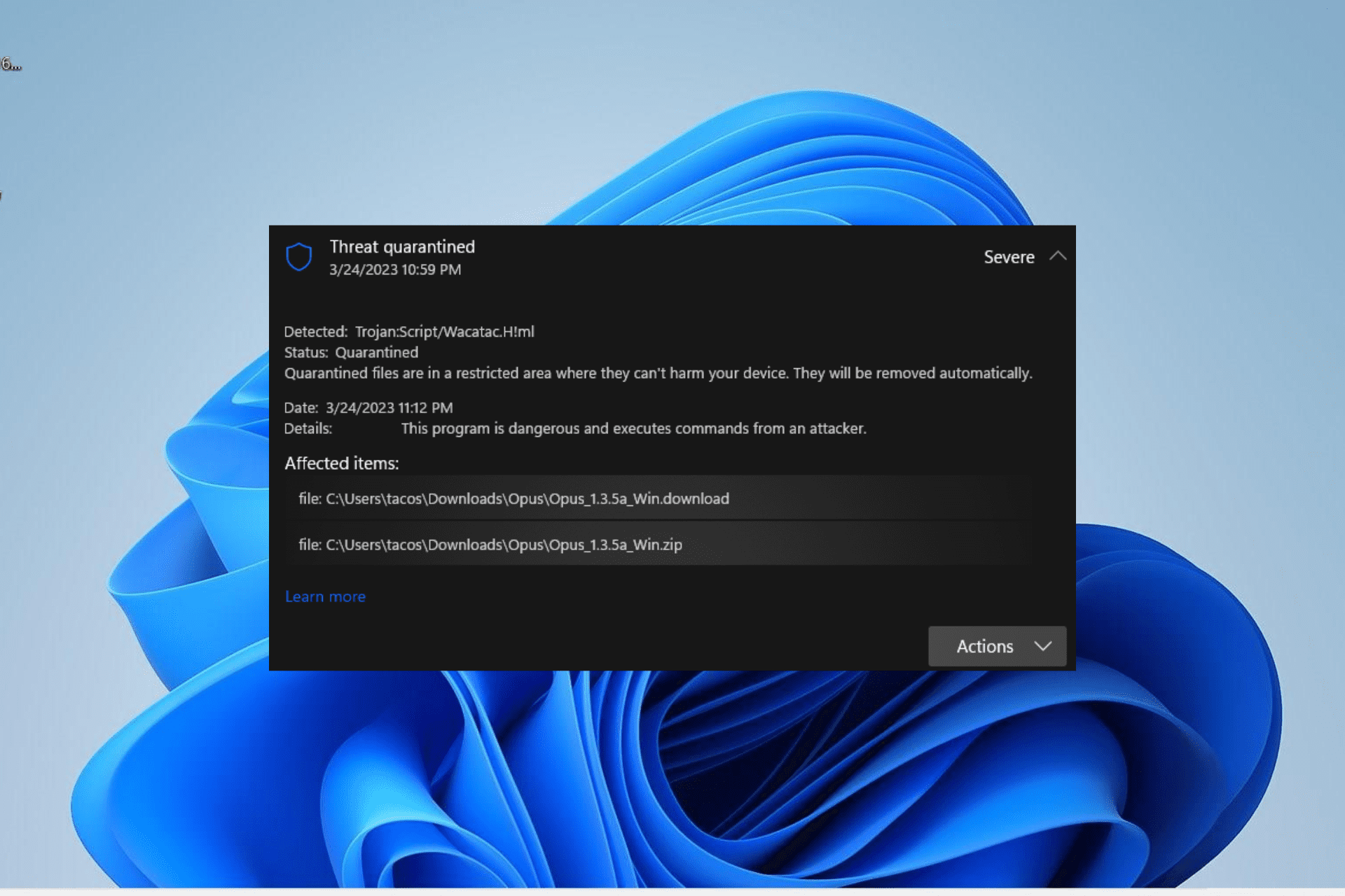 trojan:script/wacatac.h!ml