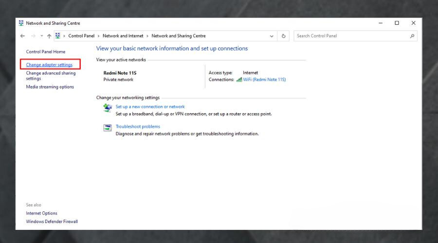 change adapter settings control panel