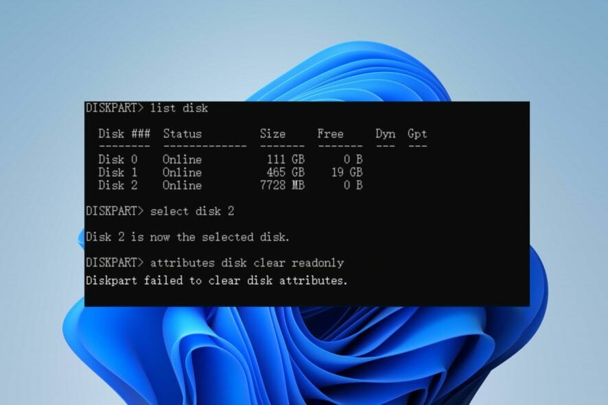diskpart failed to clear disk attributes