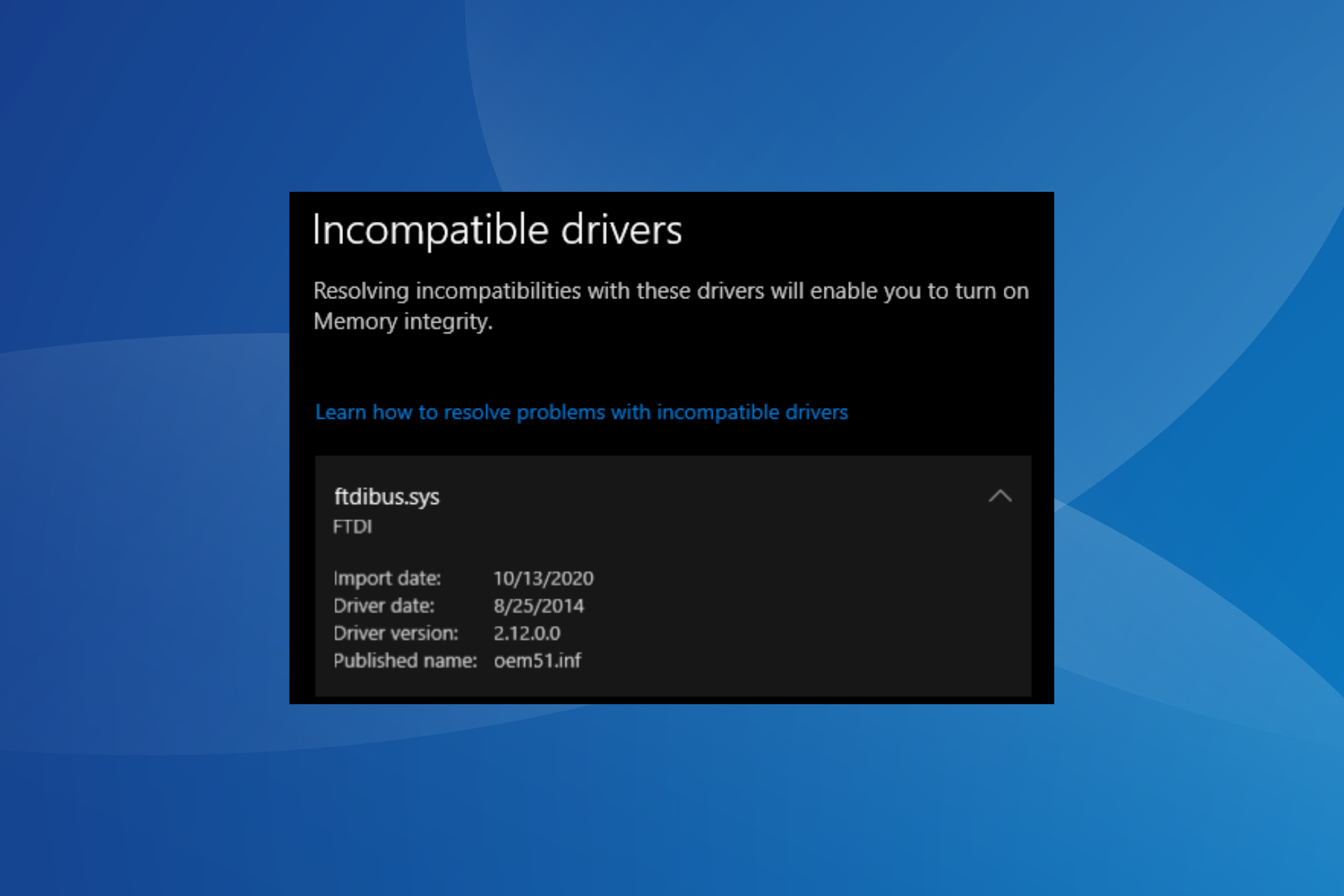 fix ftdibus.sys memory integrity issues