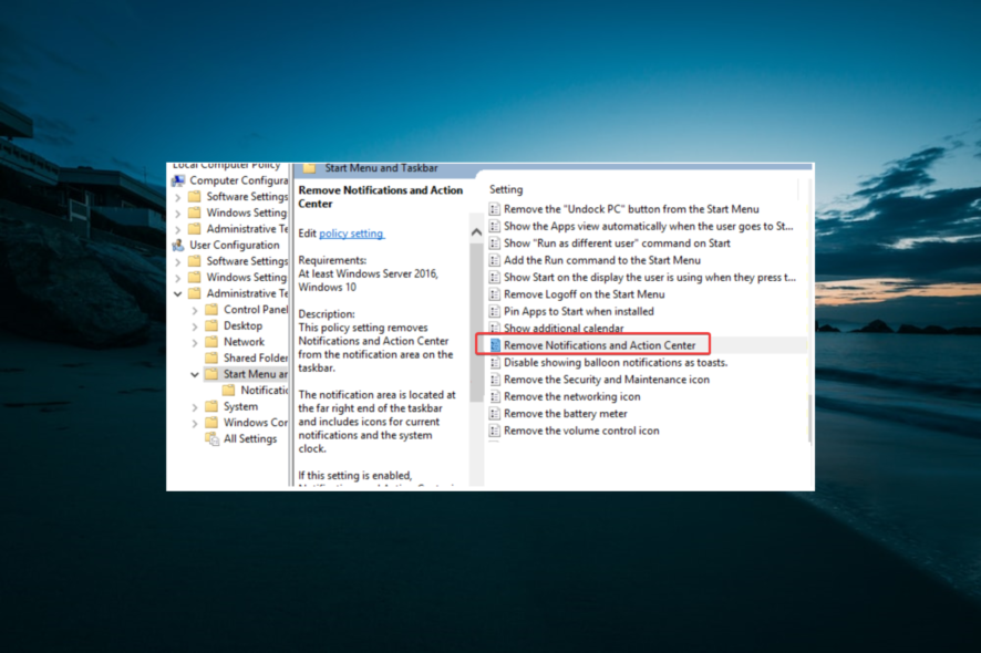 action center missing windows 10