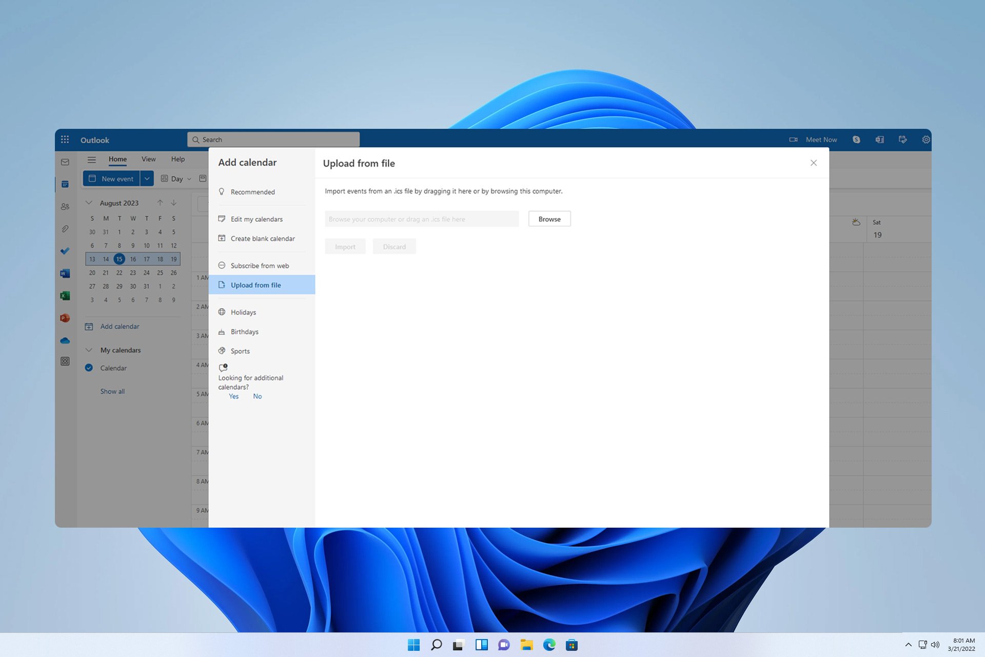 ICS file in Outlook web client