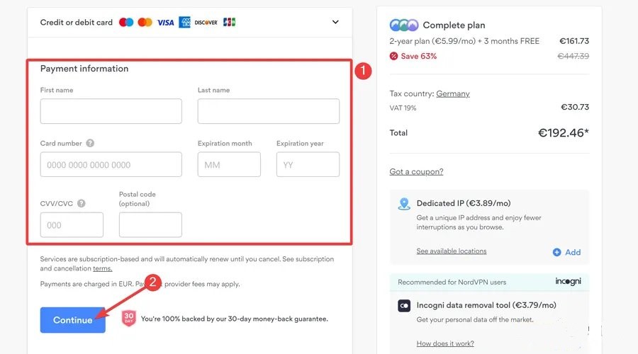 nordvpn enter billing information