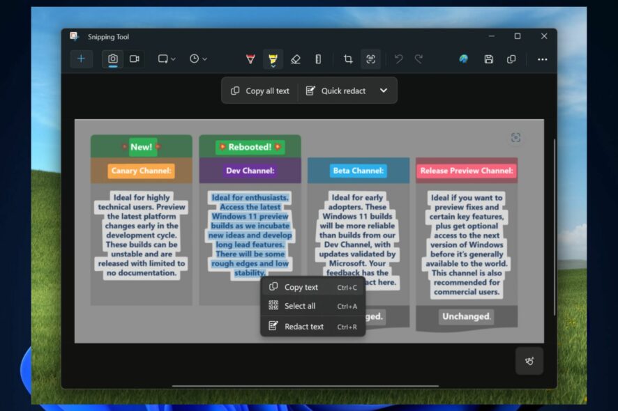 snipping tool text actions
