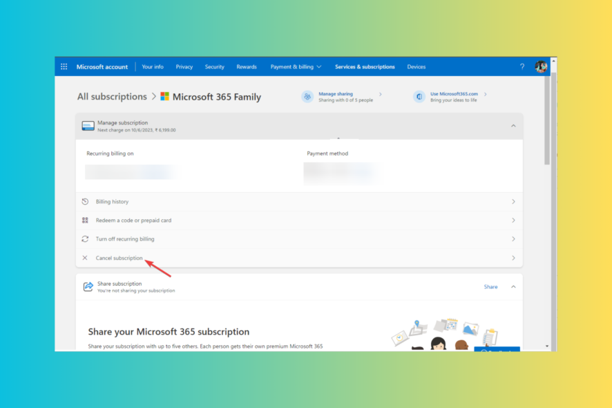 cancel subscription Microsoft 365