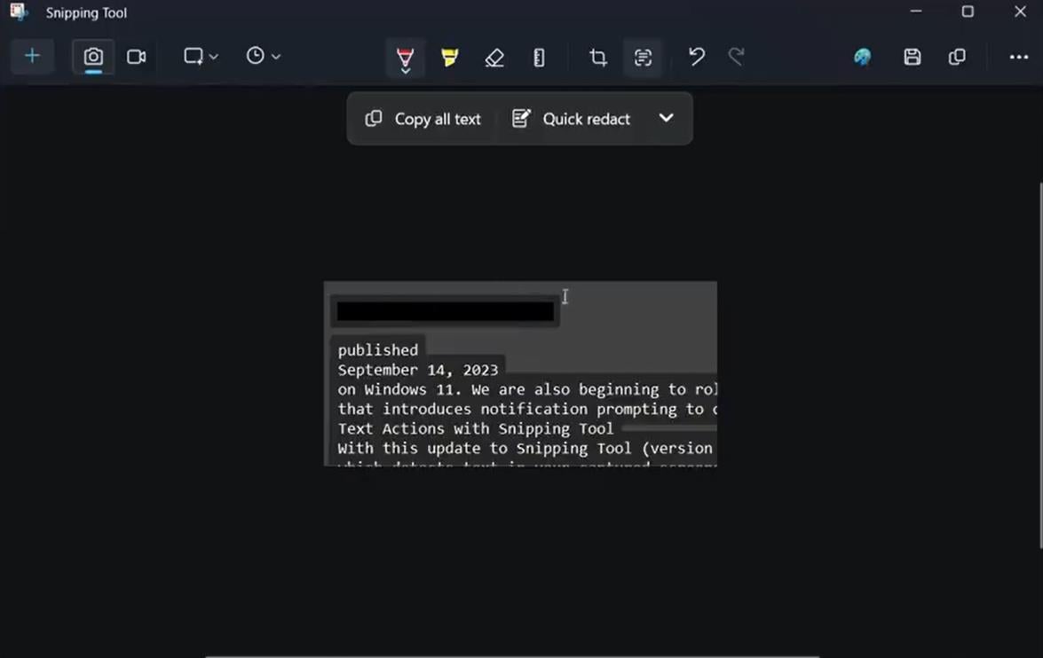 snipping tool text actions