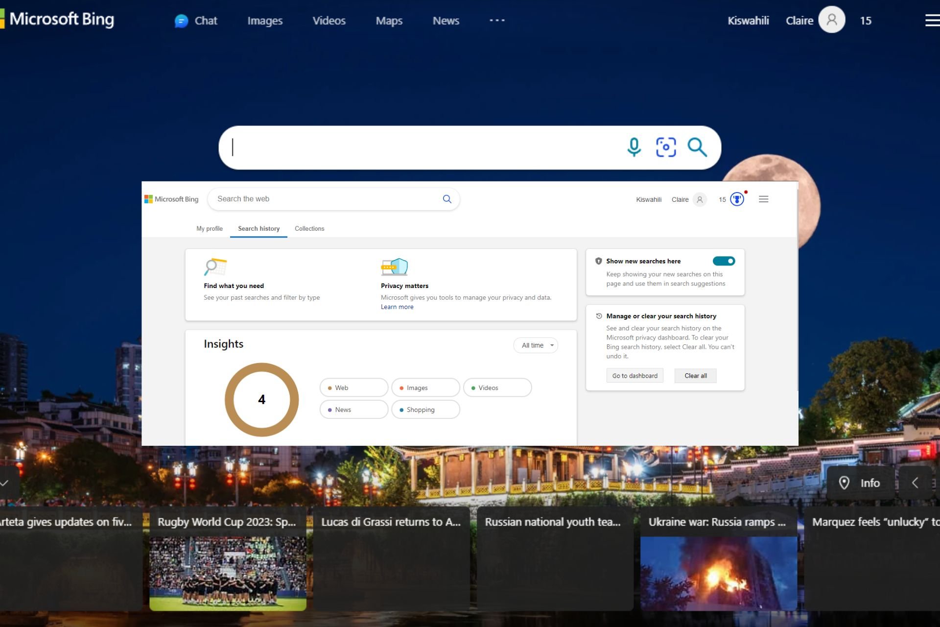 delete bing search history