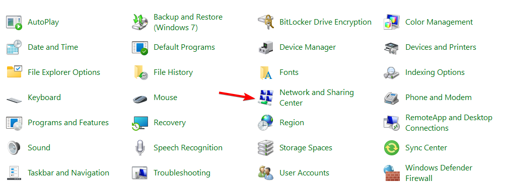 network and sharing center option in control panel