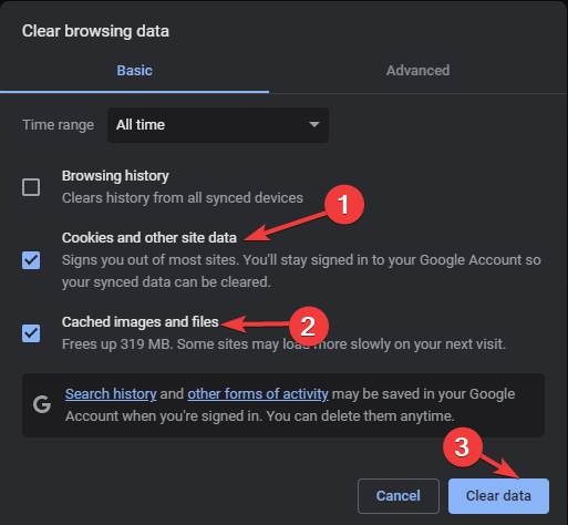 Cookies and other site data, and Cache images and files, then click Clear data.
