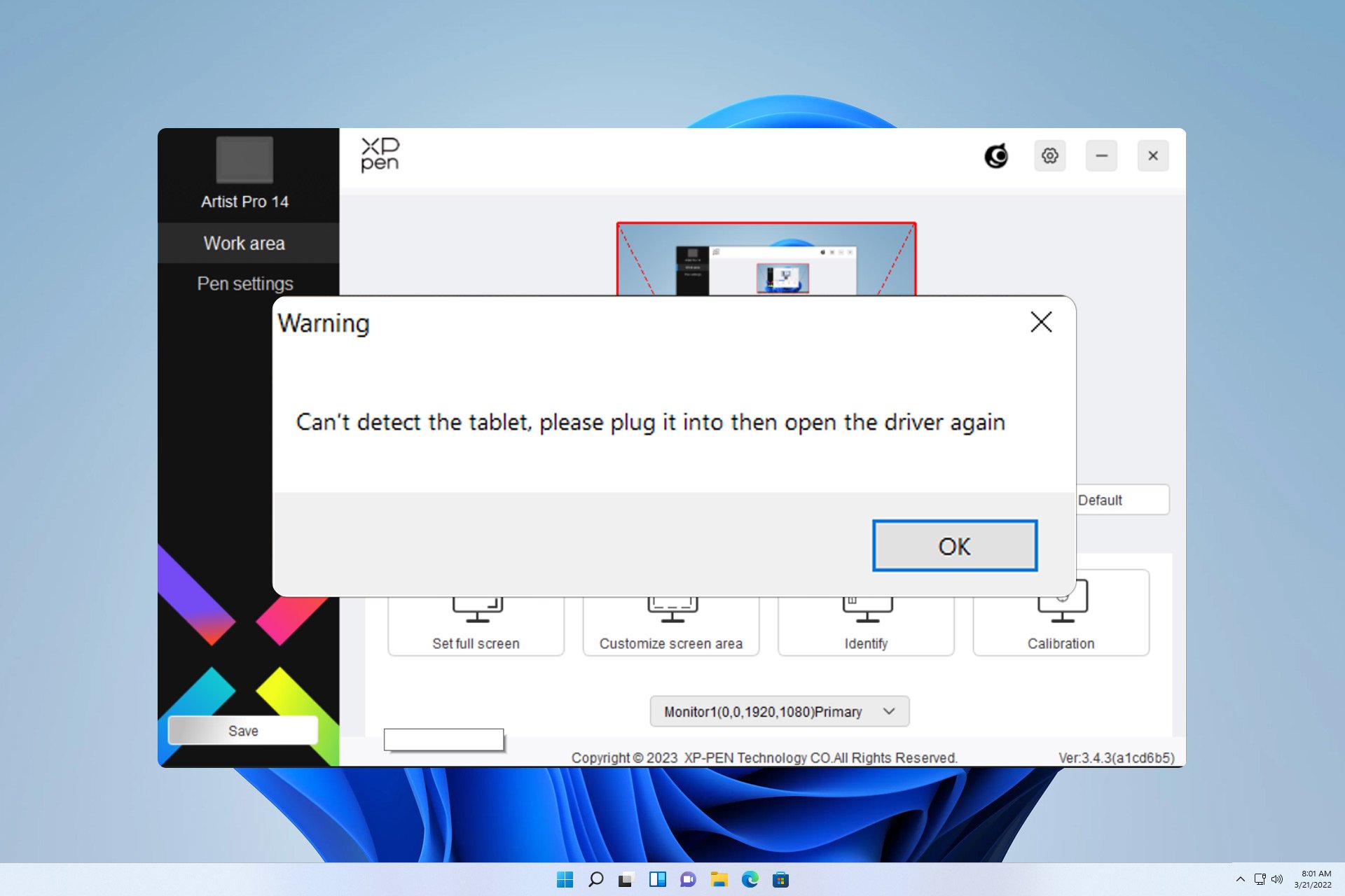 xp-pen no tablet was detected