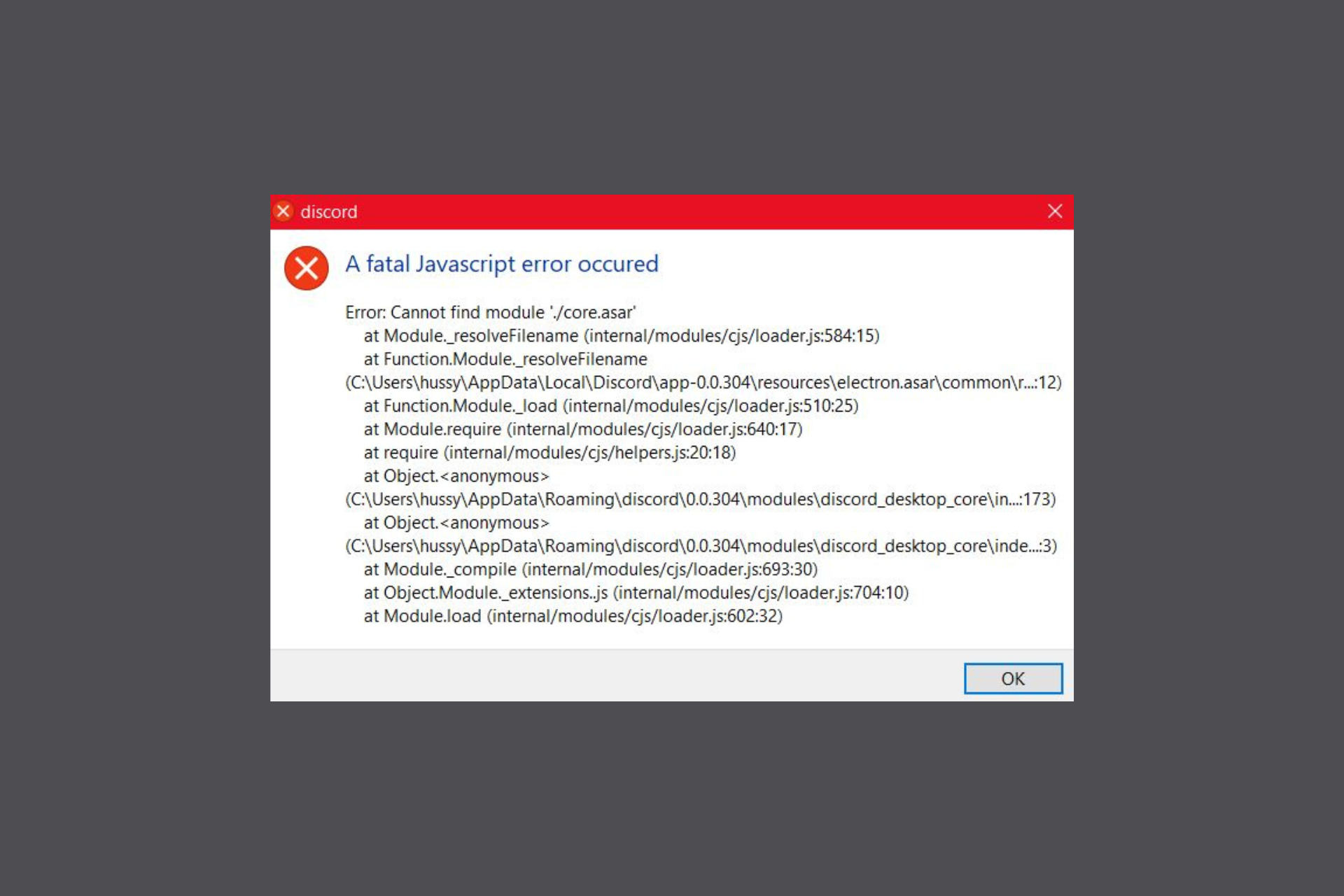 Discord Fatal Javascript Error