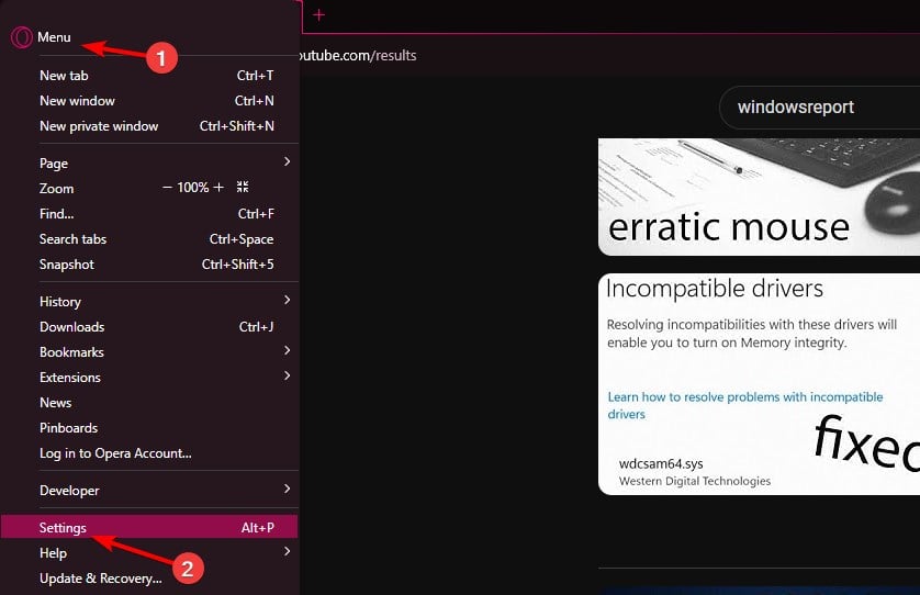 opera menu settings