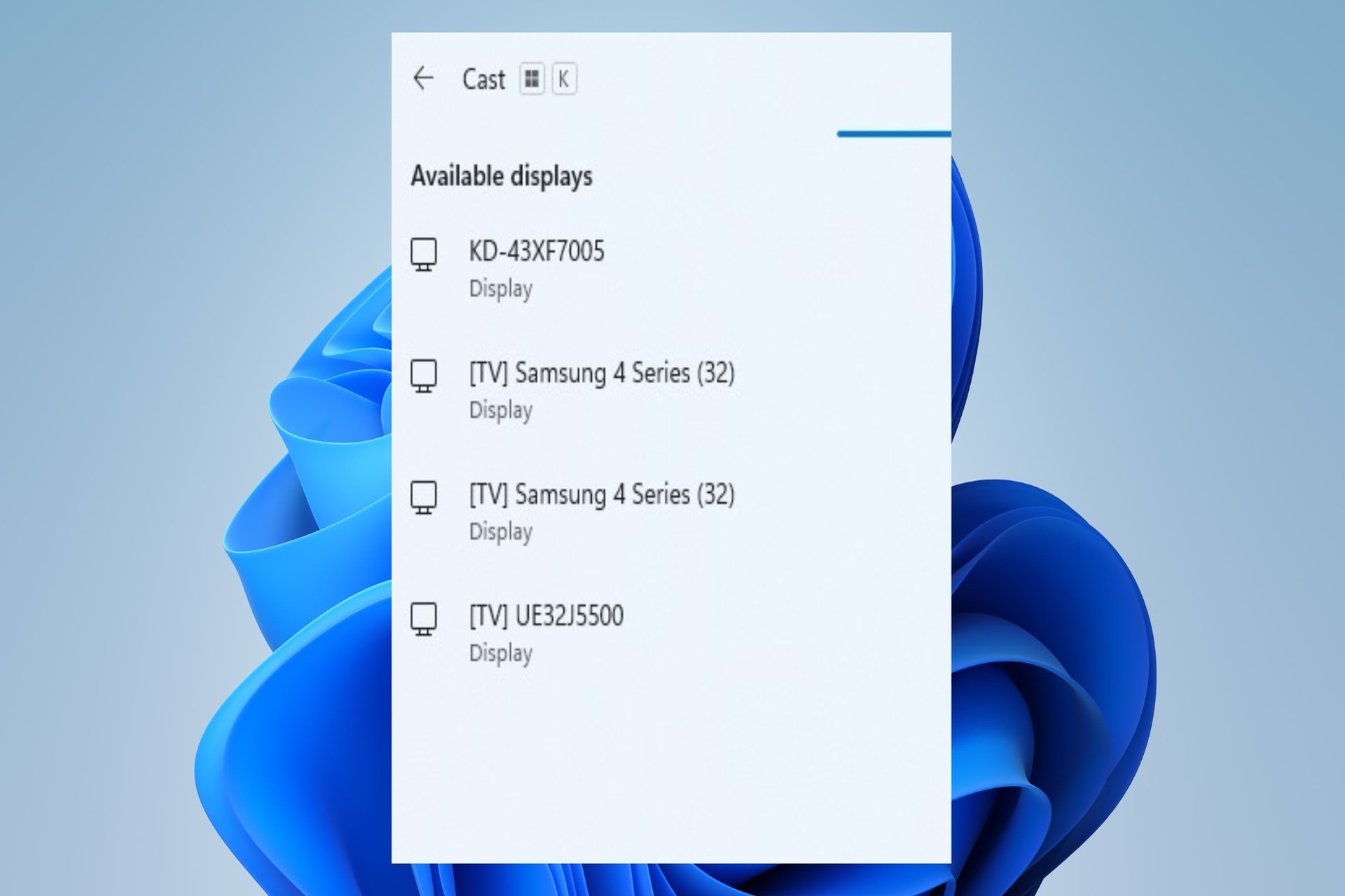 Screen Cast Options featured on a Windows 11 Background with various devices