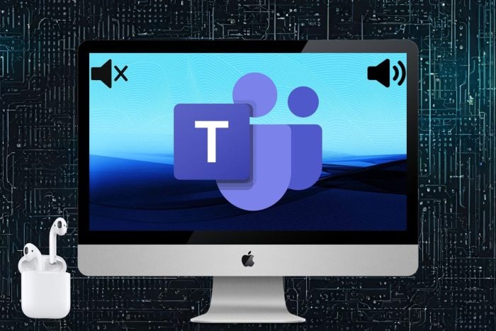 AirPods featured next to a Mac with Mute and Unmute options and Microsoft Teams on