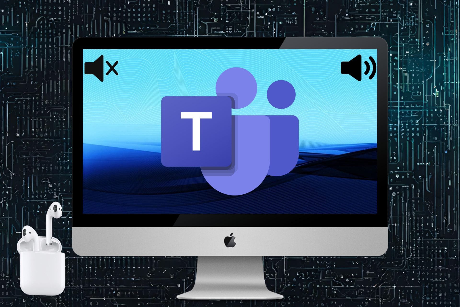 AirPods featured next to a Mac with Mute and Unmute options and Microsoft Teams on