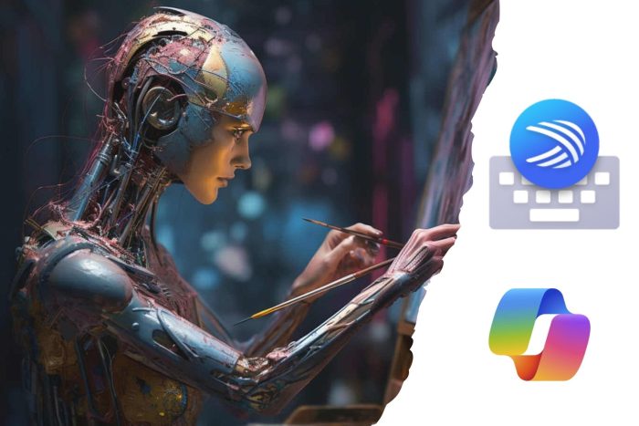 Swift Key logo with the Copilot logo featured next to an AI generated image of a robot