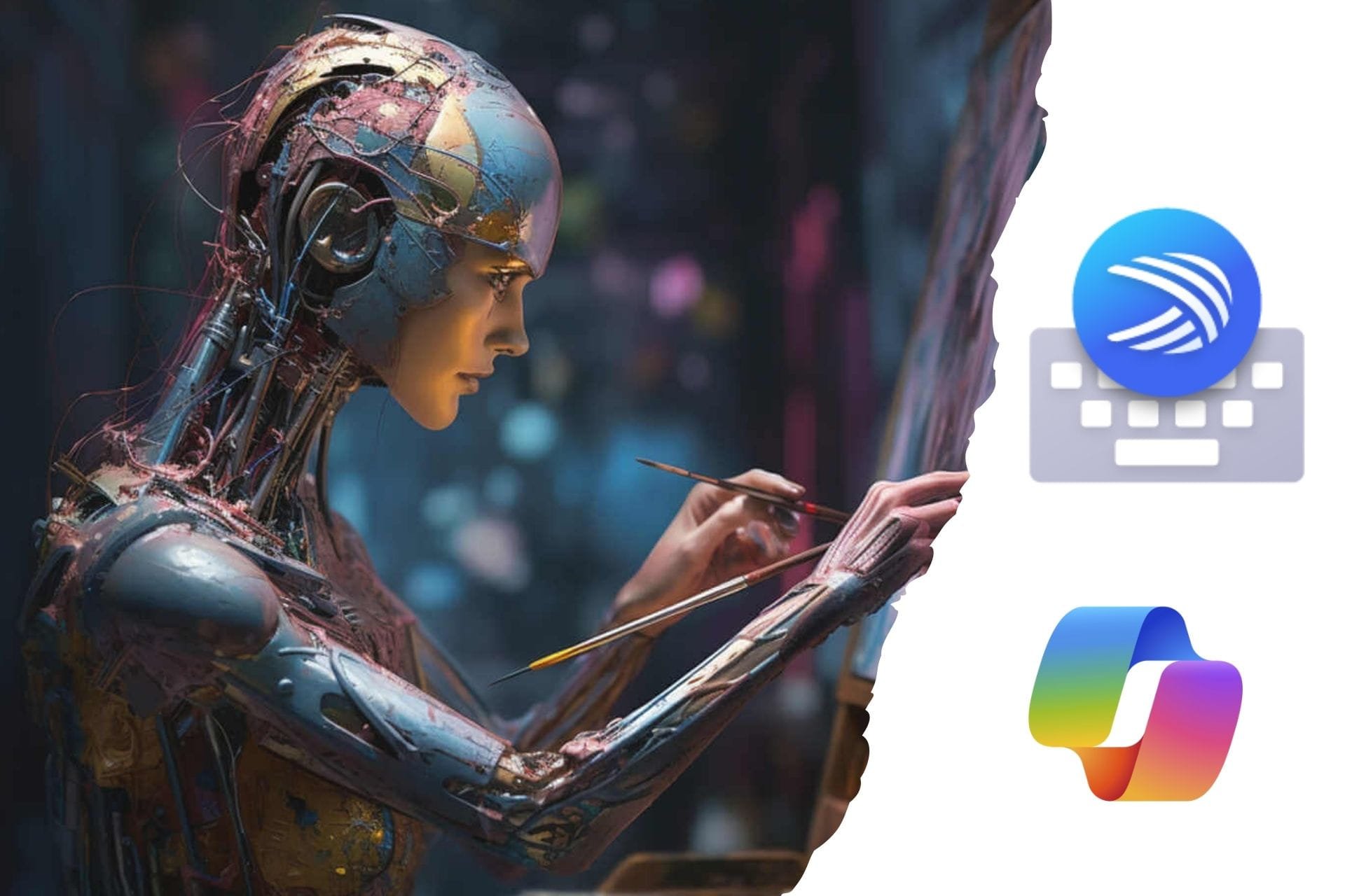 Swift Key logo with the Copilot logo featured next to an AI generated image of a robot