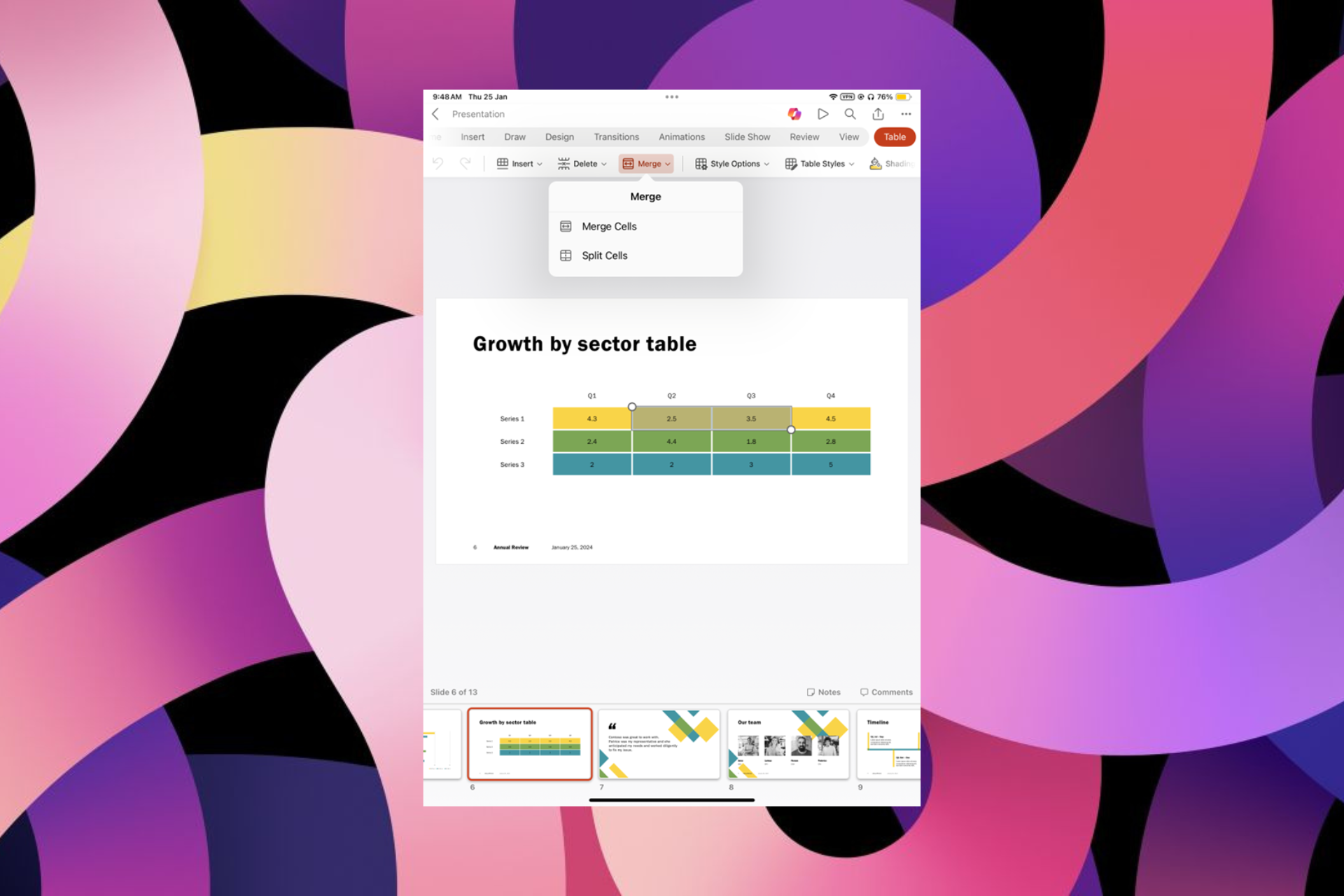 Split and merge table cells in PowerPoint for iPad