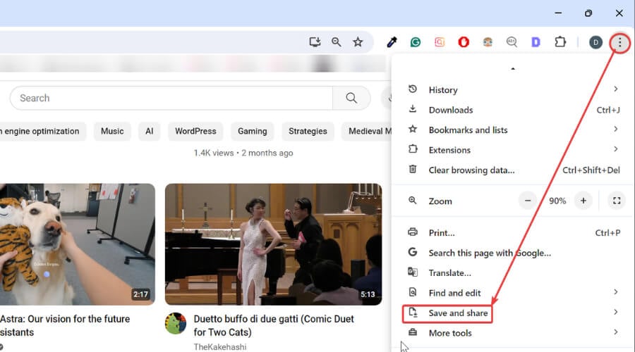 opzione salva e condividi in Chrome