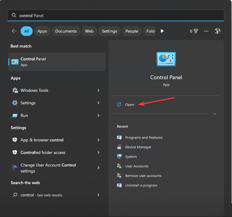 Control Panel start menu