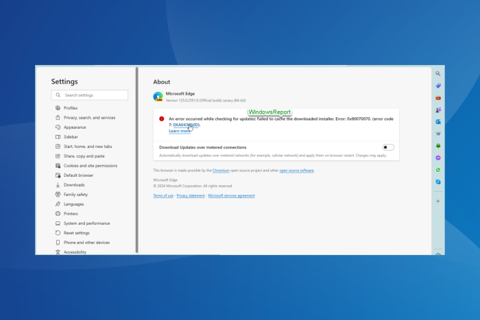 0x80070070 microsoft edge update error