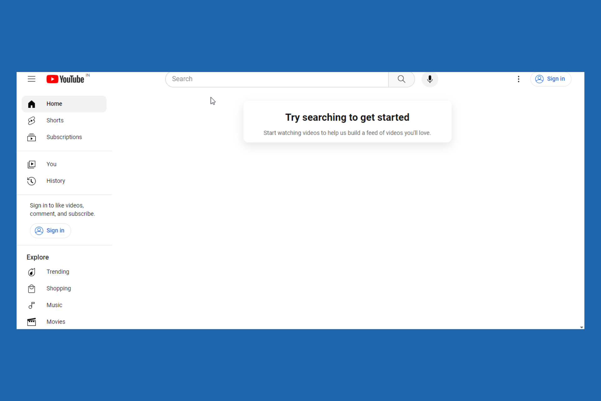 YouTube Try searching to get started message