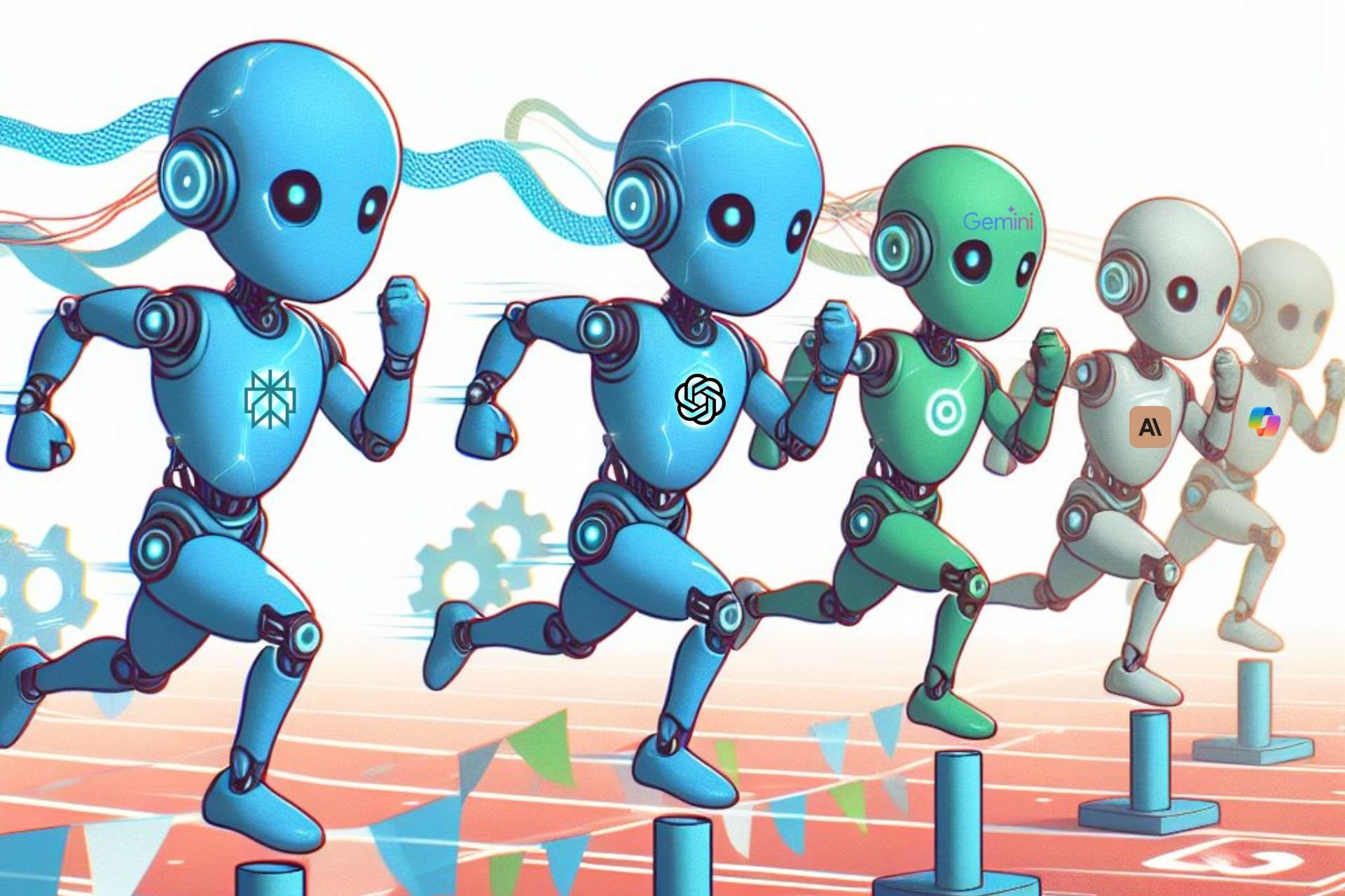Copilot, ChatGPT, Gemini, Claude, and Perplexity AI chatbots running in a competition