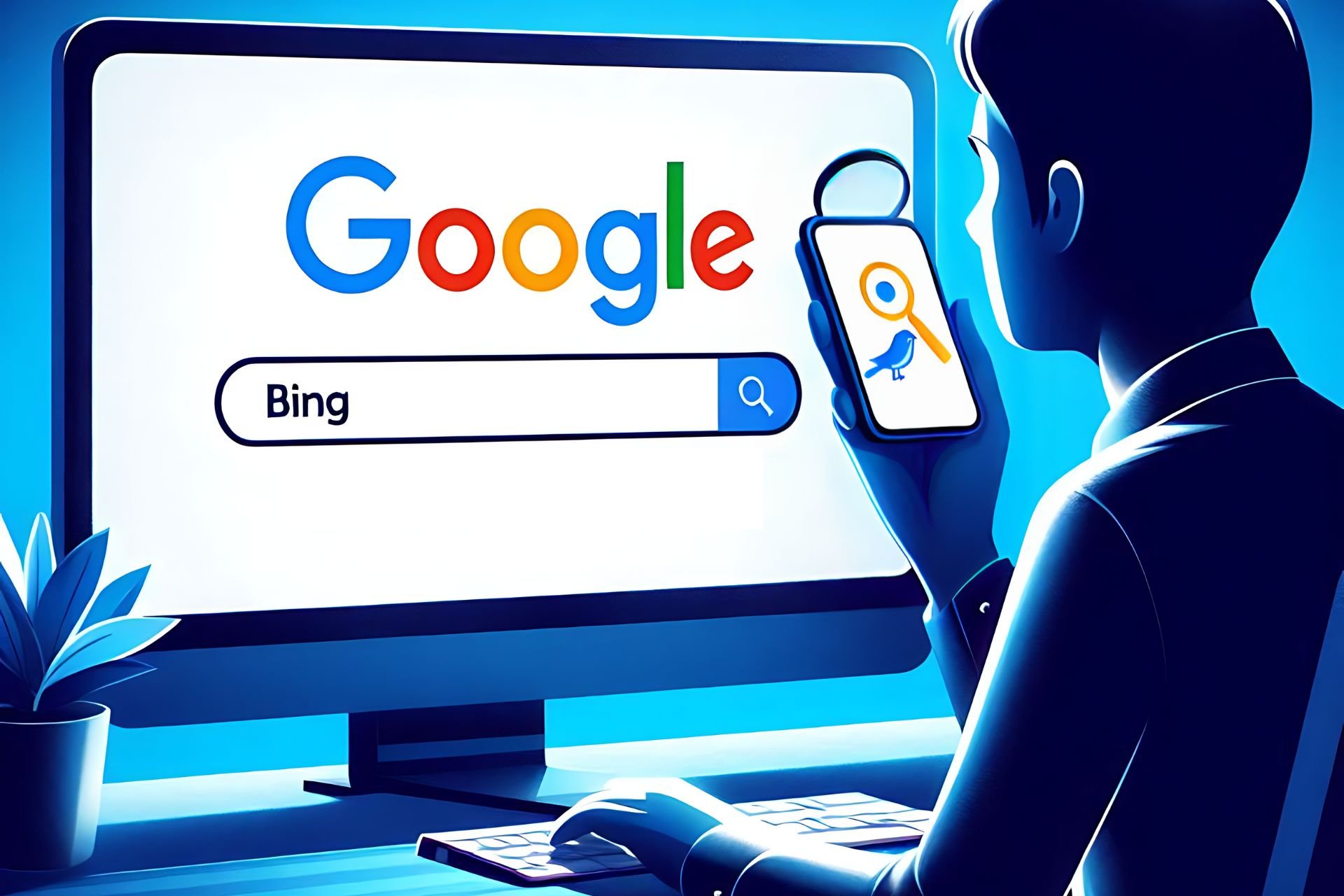 An AI generated image of a person using Google search to find Bing