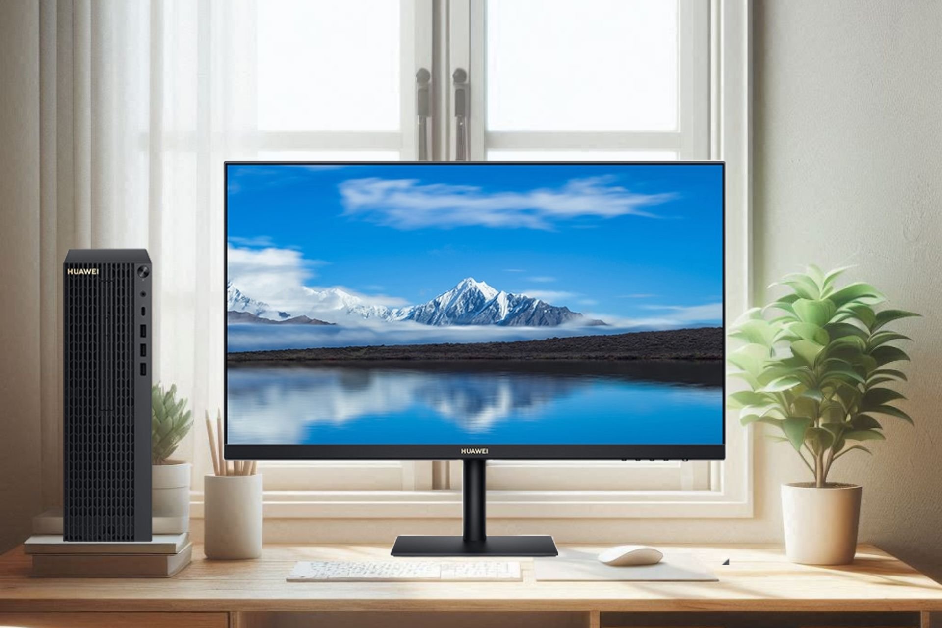 Huawei's Qingyun W515 computer that has a Kirin 9000C processor featured on an AI generated background