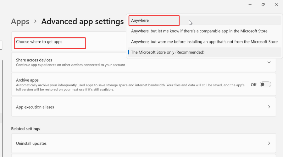 choose where to get apps set to anywhere