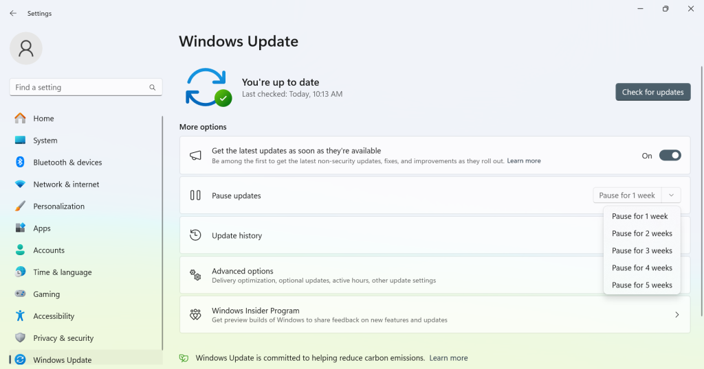 pausing Windows update for 2-4 weeks