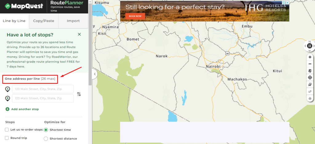 MapQuest route customization