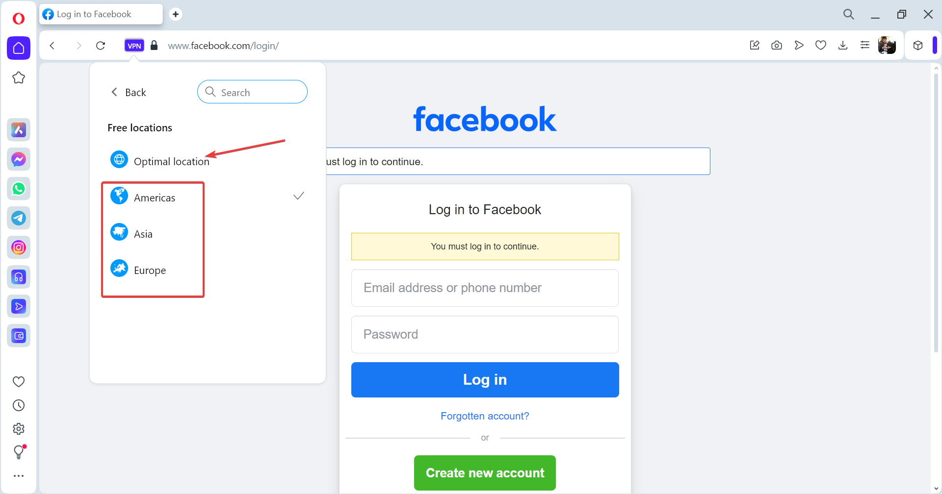 choose VPN server in opera
