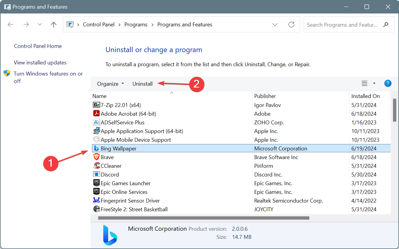 uninstall to fix bing desktop background not changing