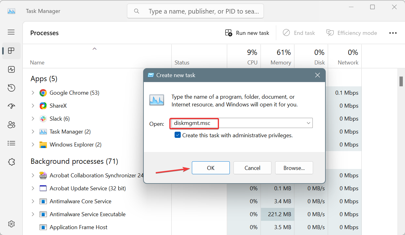 disk management via task manager