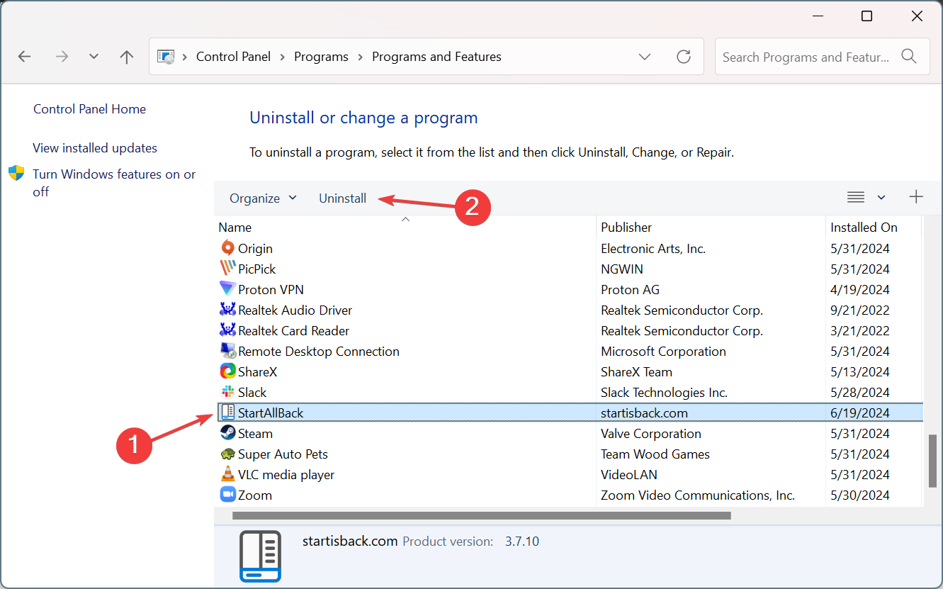 uninstall to fix startallback keeps crashing